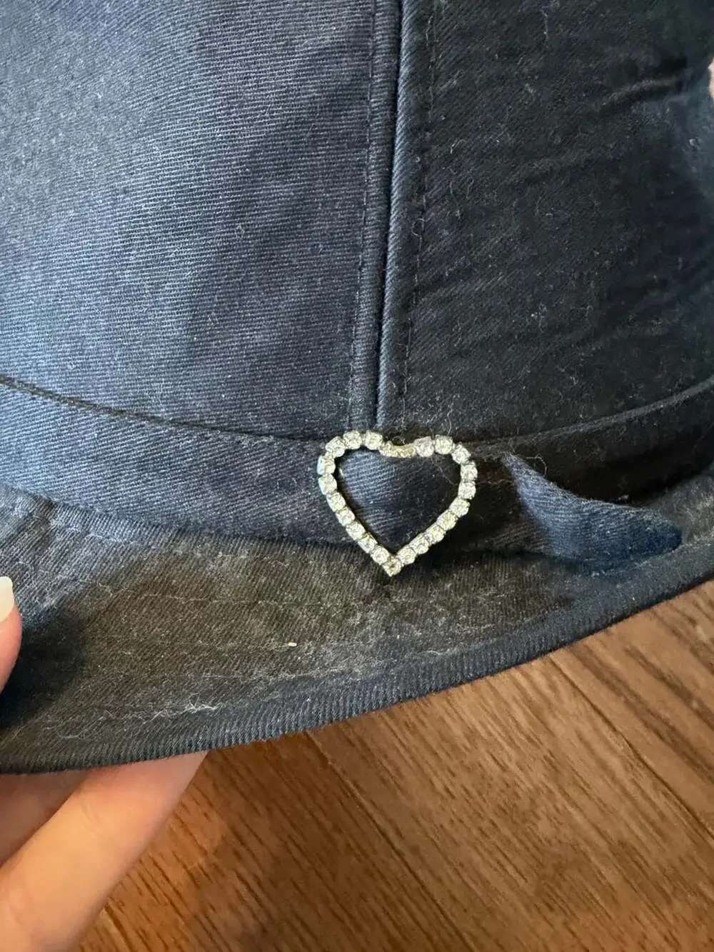 Fedora Hat One Size Black Cotton Heart Rhinestone Charm
